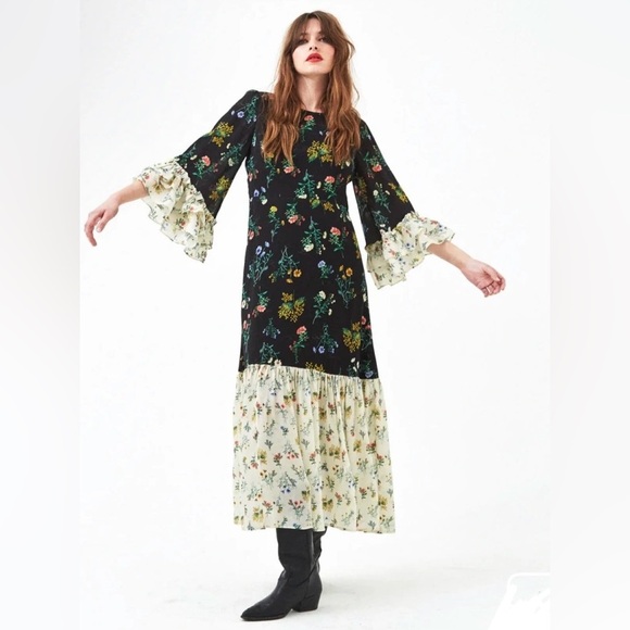 Queens of Archive Minnie Two Tone Tiered Floral Ruffle Sleeve Maxi Dress Size M - Picture 3 of 12